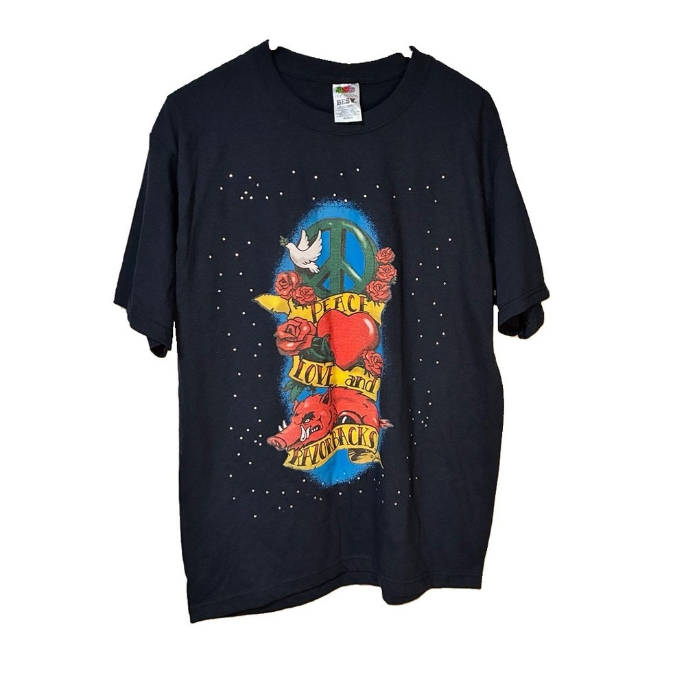 Vintage Razorbacks Peace Love Graphic Tee Shirt Rhinestone Embellished Arkansas